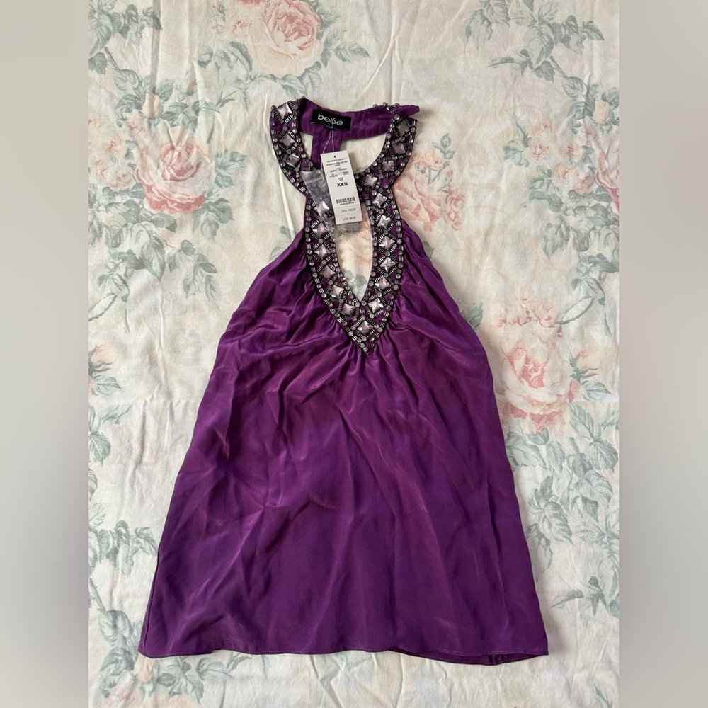 BEBE XXS embellished purple halter top